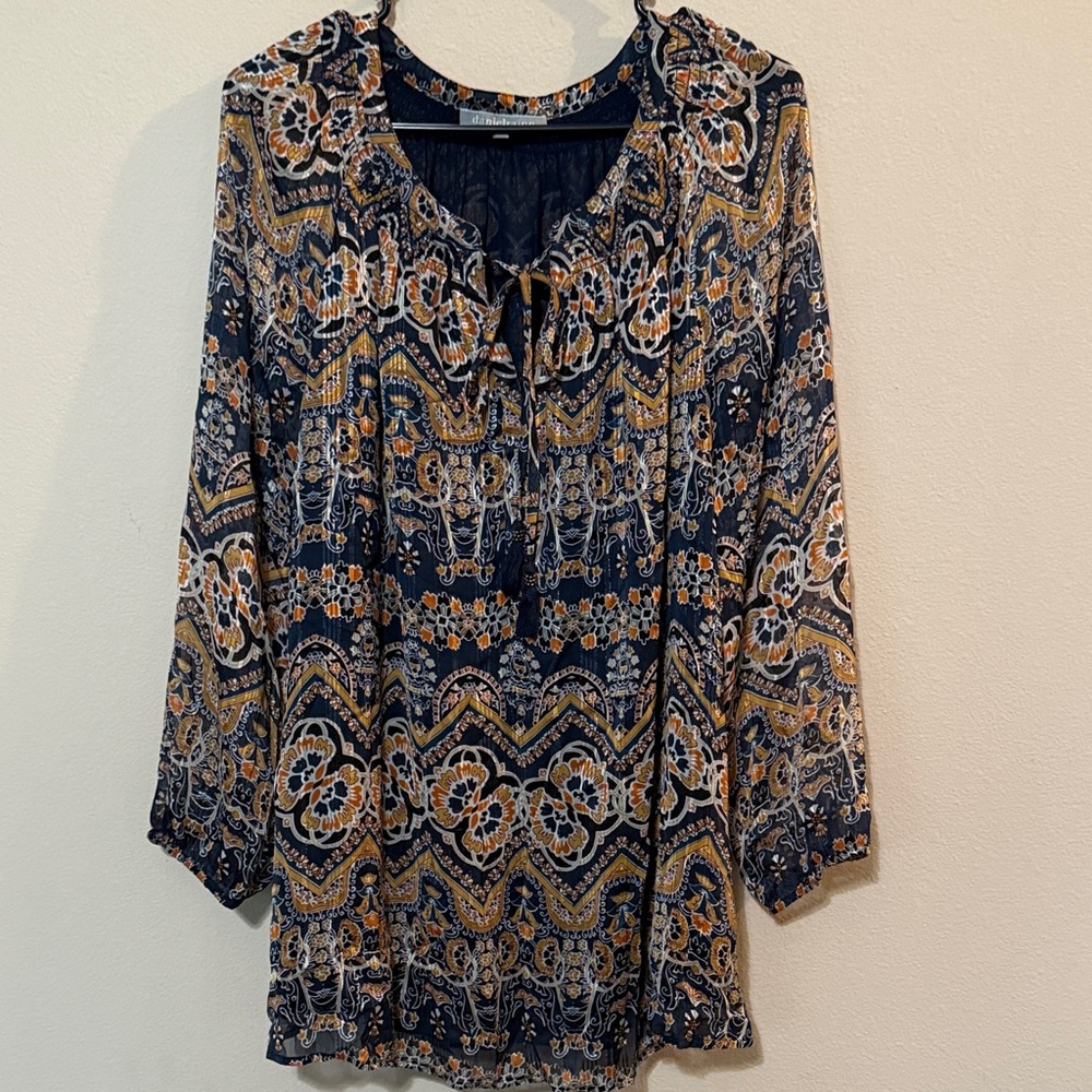 Daniel Rainn Navy and Mustard Paisley Tie-Neck Boho Tunic
